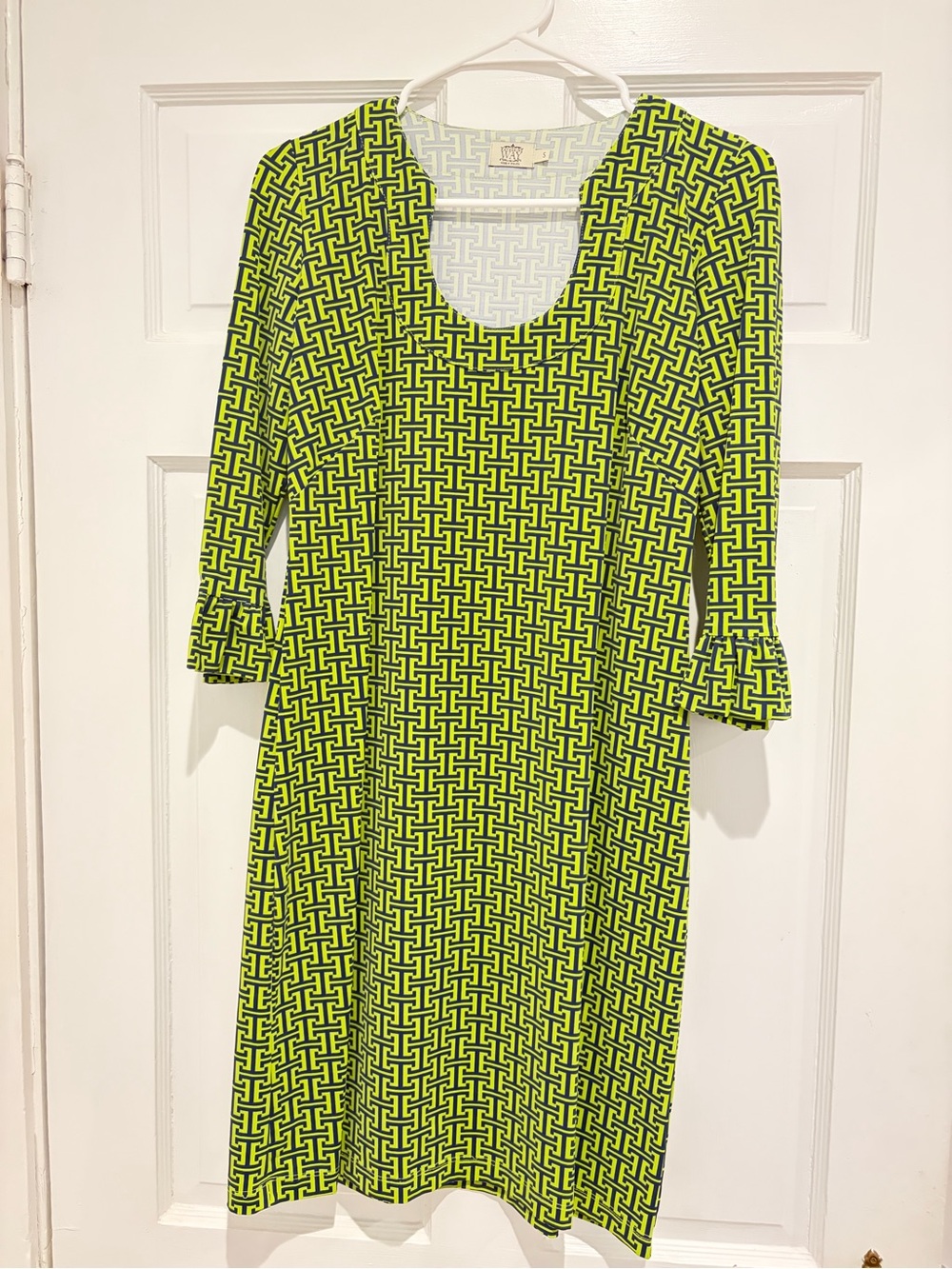Katherine Way Neon Green Geometric Scoop-Neck Midi Dress